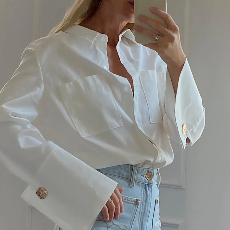 

Spring Autumn Fashion White Lapel Shirt 2023 Elegant Woman Blouse Office Long Sleeve Lady Tops with Pocket Loose Clothing 28016