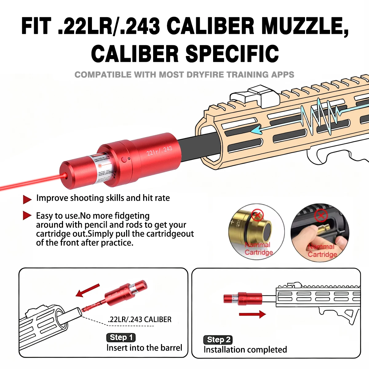 Cal .17/177 22LR 9mm 38SPL 223REM 12GA La-ser Magnetic Red Dry Fire Training Cartridge Training Bullet Bore Sight Dual-purpose view 5