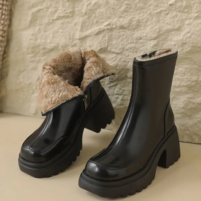 Leather Snow Boots For Women Warm Padded Shoes With Zip Thick-sole Winter Fashion Dress Waterproof Mature Ladies Motorcycle Boot