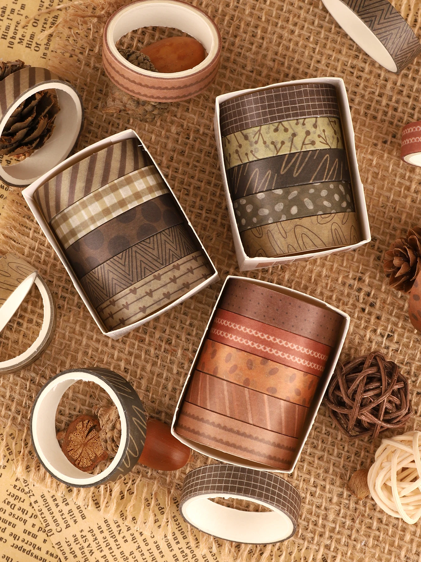 5 Rolls/Box Earth Tone Washi Tape Set Brown Grid Stripe Abstract Pattern Masking Tape for Journaling Scrapbooking Planner Craft