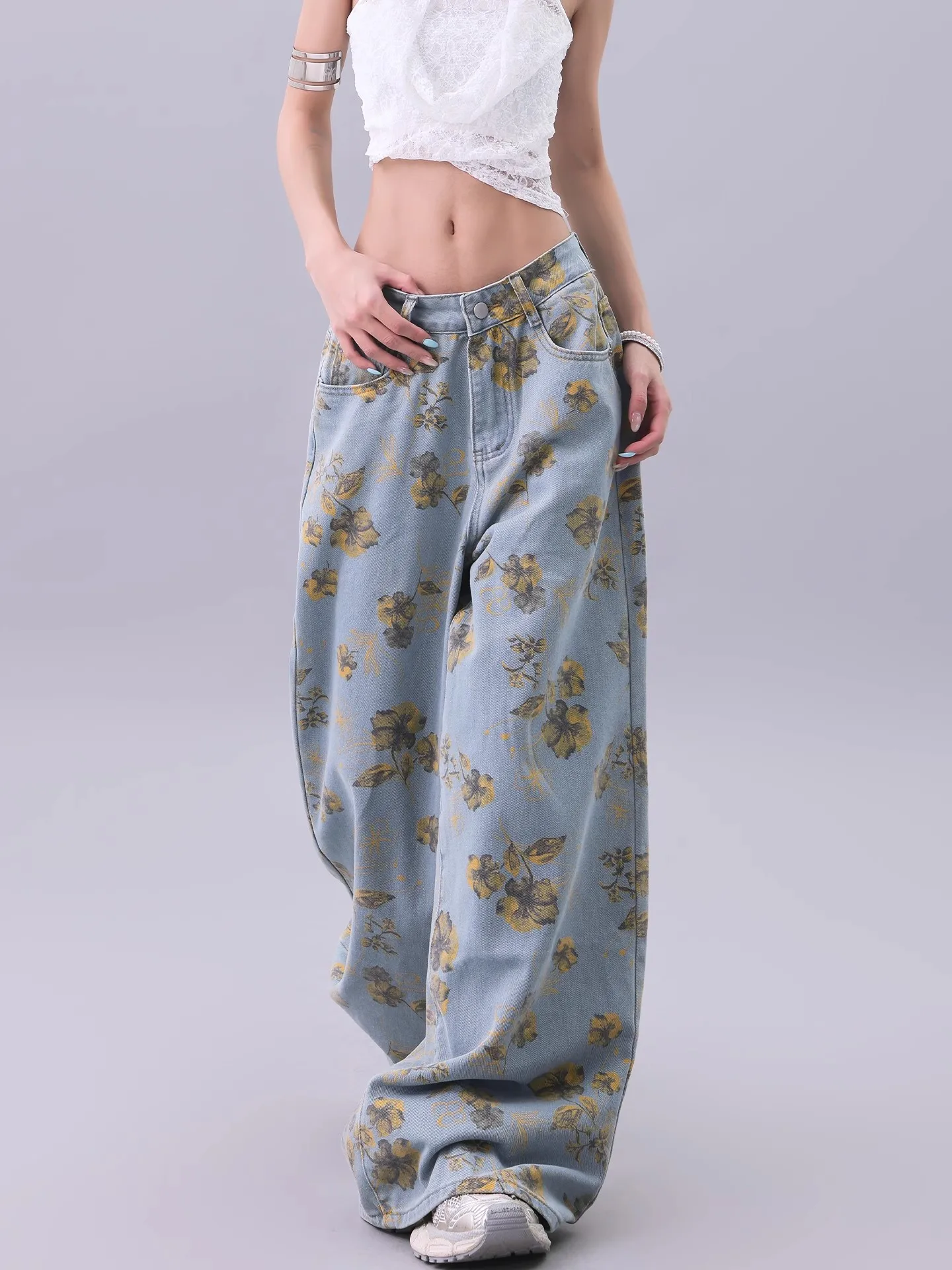 Vintage Floral Print Hohe Taille High Street Blau Gerade Jeans Hosen Koreanische Mode frauen Breite Bein Baggy Denim Hosen y2K