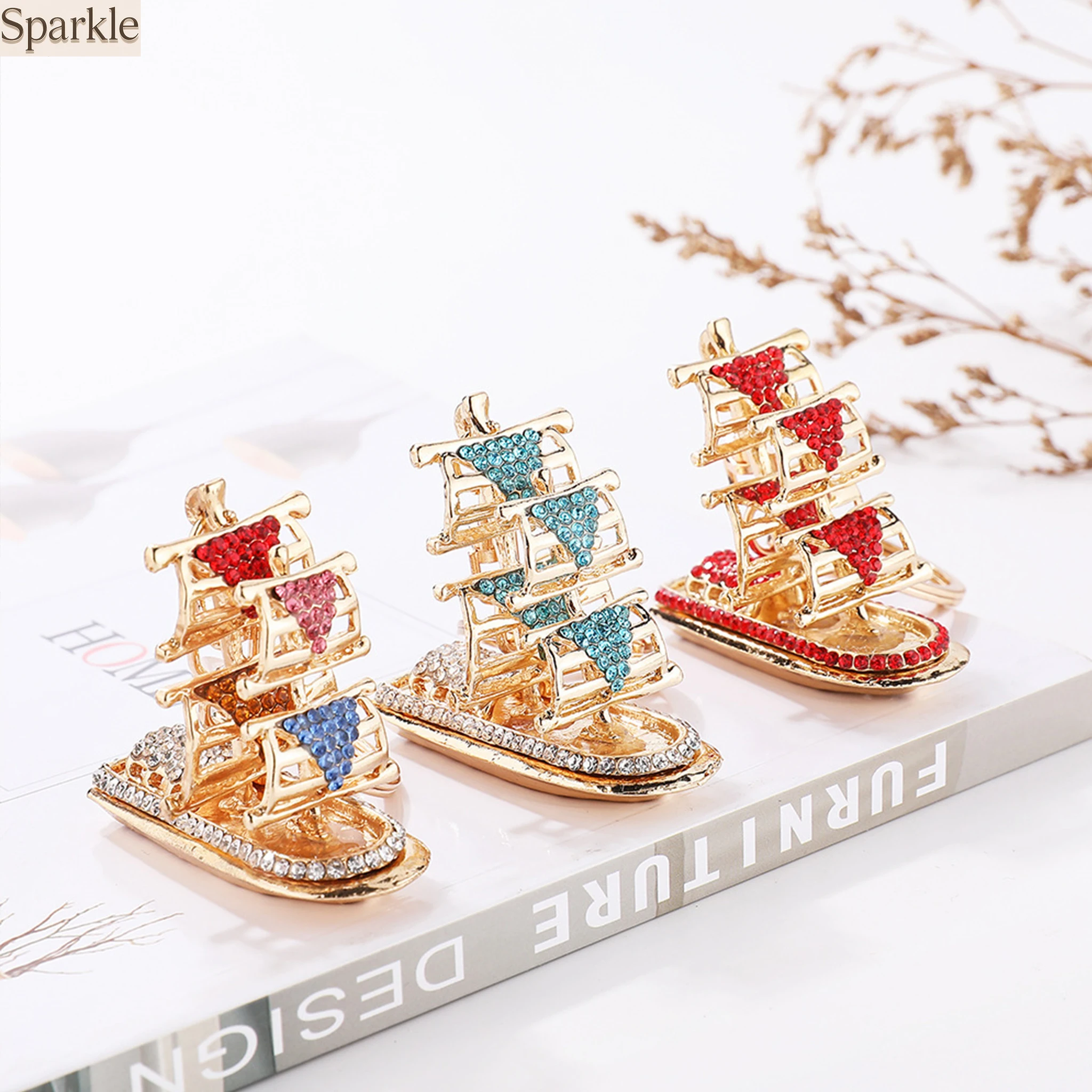 Cute Sailing Boat Vessel Charm Pendant Rhinestone Crystal Car Purse Key Chain Jewelry - Wedding Creative Party Gift