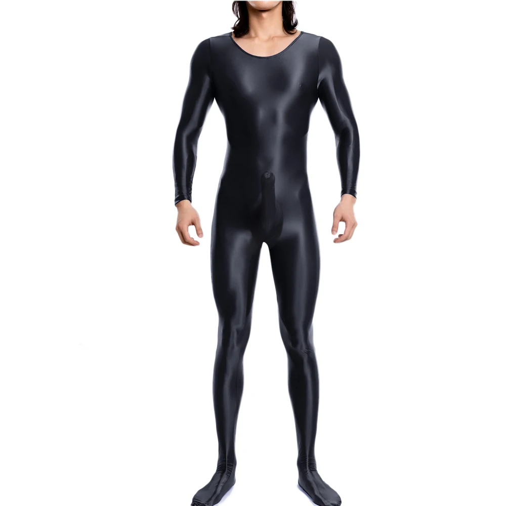 

Sexy Men Satin Smooth COCK Ring Bodysuit Unisex Maid Tights Oil Glossy Shiny Elastic Jumpsuit U Convex Bulge Pouch Leotard