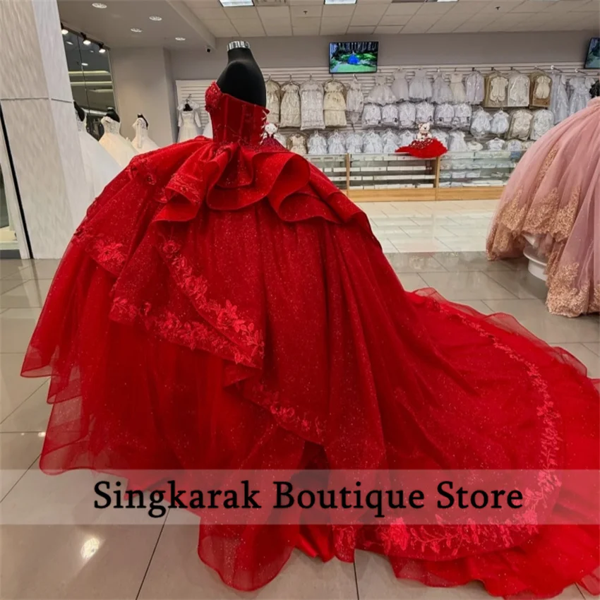 

Cute Red Quinceanera Dresses Strapless Ball Gown Sweet 16 Dress Appliques Beads Crystals Birthday Party Dress Customized