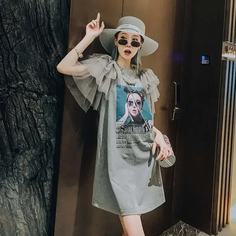 Französisch Vintage Mesh Spleißen Grafik T-shirt Kleider für Frauen Sommer Sexy Lose Kleid Weibliche Mädchen Neue Kawaii Oberbekleidung Kleidung