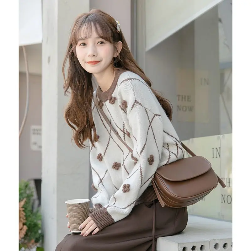 American Short Diamond Checkered Three Dimensional Decorative Pullover Knitted Sweater for Women Spring and Autumn Outerwear Top