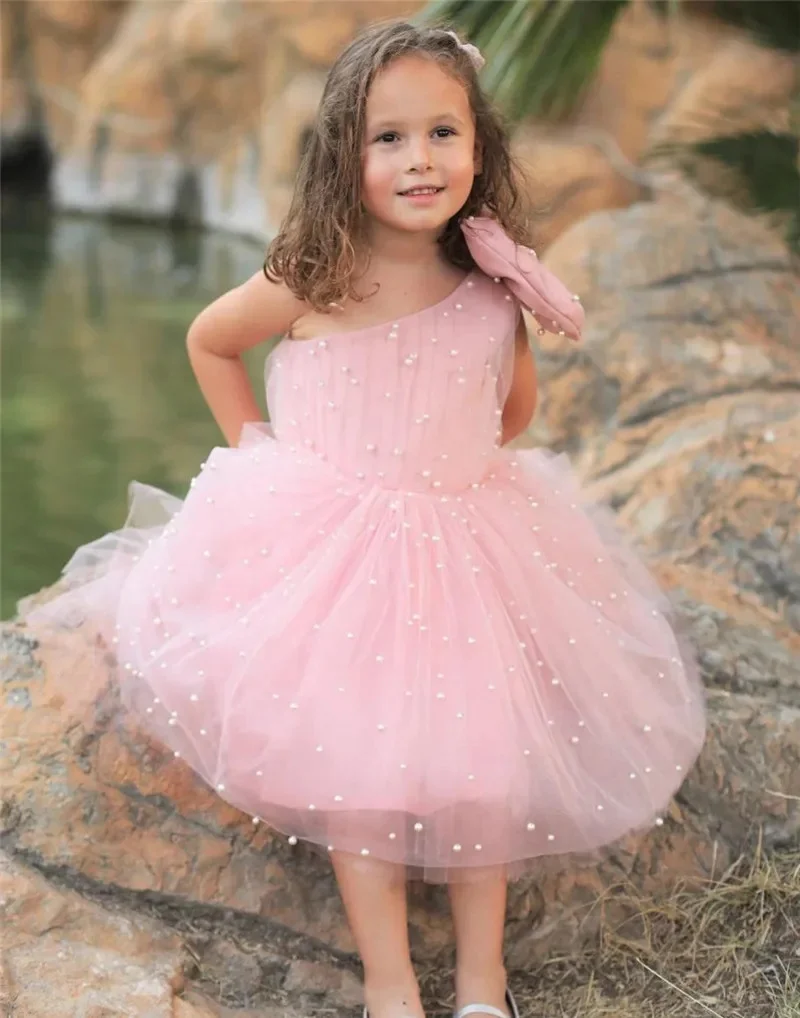 

Customized Blush Pink Flower Girl Dresses For Wedding One Shoulder Pearls Elegant Child Party First Communion Bridesmaid Gown