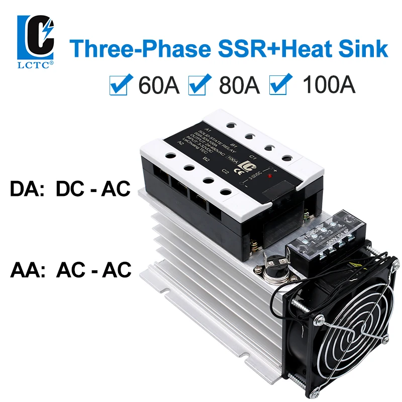 LCTC SSR Three Phase Solid State Relay With Heat Sink 60A 80A 100A DC to AC AC To AC Radiator Integrated 3-32VDC Swithc On-off