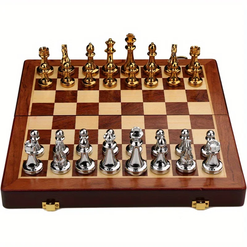 Luxury Solid Wood Chess Set  Weighted Zinc Alloy Pieces Folds for Easy Storage Ideal Holiday Gift for Thanksgiving  Christmas