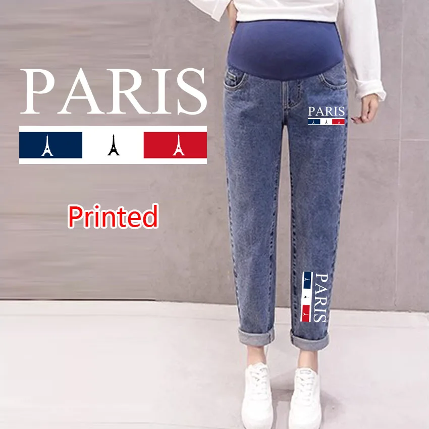 

Модные джинсы для беременных, одежда для беременных, PARIS с буквенным принтом, широкие брюки для беременных, брюки с поддержкой, одежда для беременных