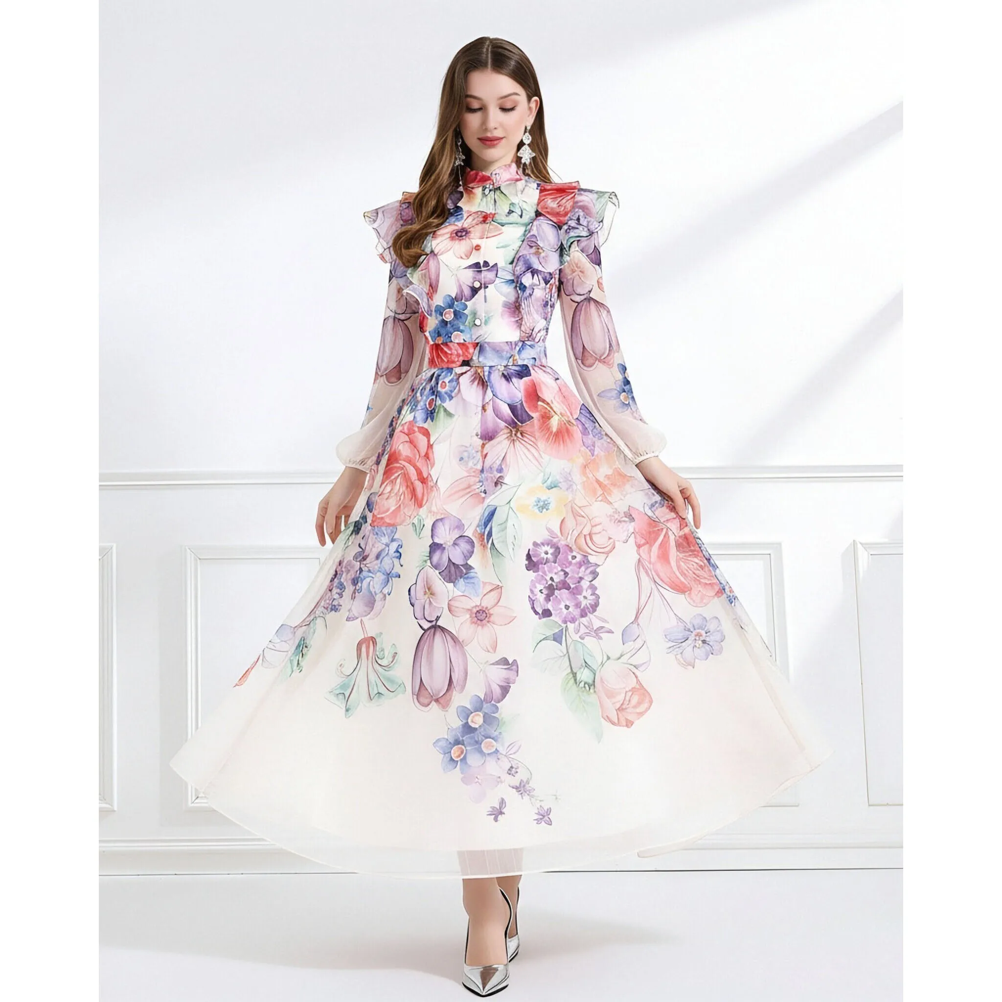 

Women's Vintage Chic Floral 2 Piece Set Long Sleeve Single Breasted Blouse High Waist A-line Skirt Outfits for Holiday