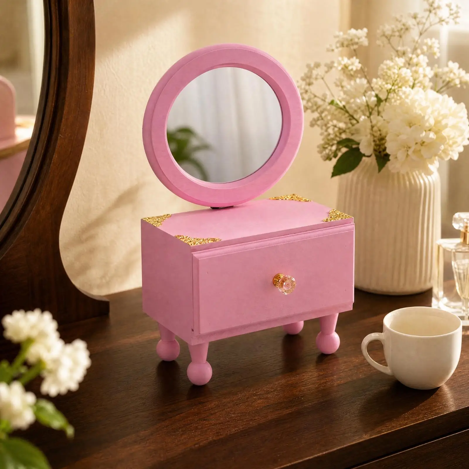 Wooden Cosmetic Storage Box with Mirror and Drawer Jewelry Organizer for Dresser Desk Narrow Countertop Vanity