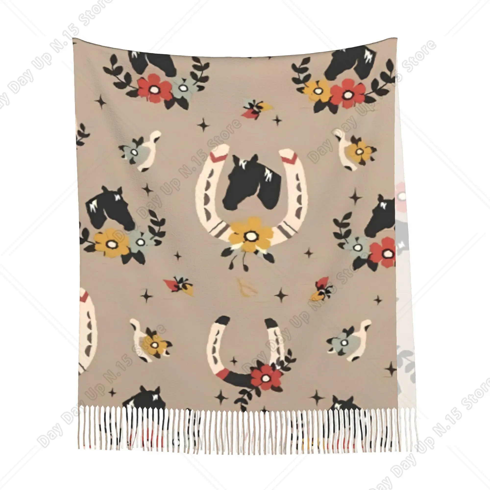 Cowboy Country Style Horseshoe Print Shawl, Vintage Western Warm Scarf