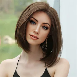 Hair Extensions Synthetic Elegant Women's Center Part Bobo Wig Light Brown Short Straight Full Head Cover Ladies Hair Wig Hat