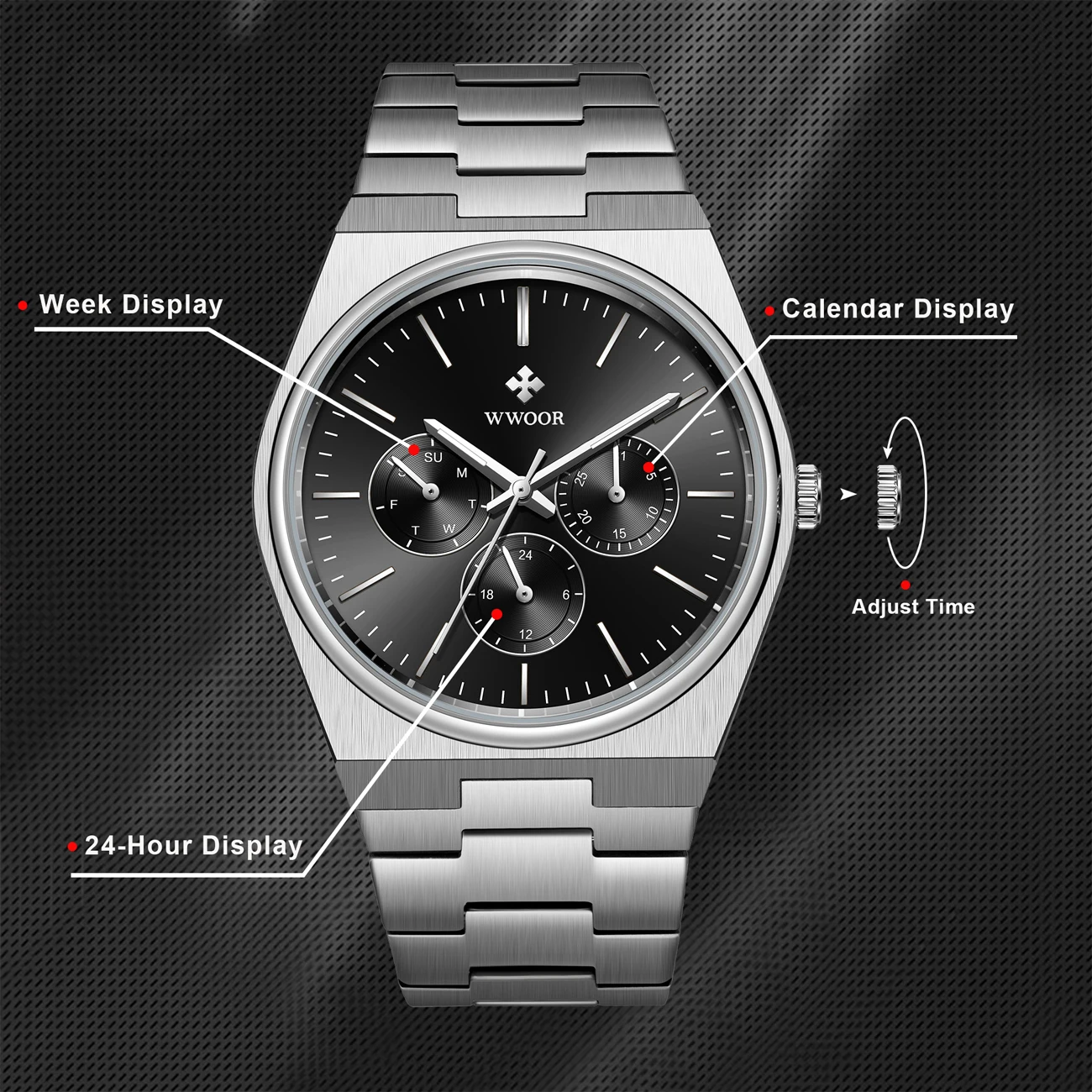 WWOOR New Top Brand 41mm Men\'s Quartz Watches luxury Sapphire Stainless Steel Waterproof Men watch With Week Date reloj hombre