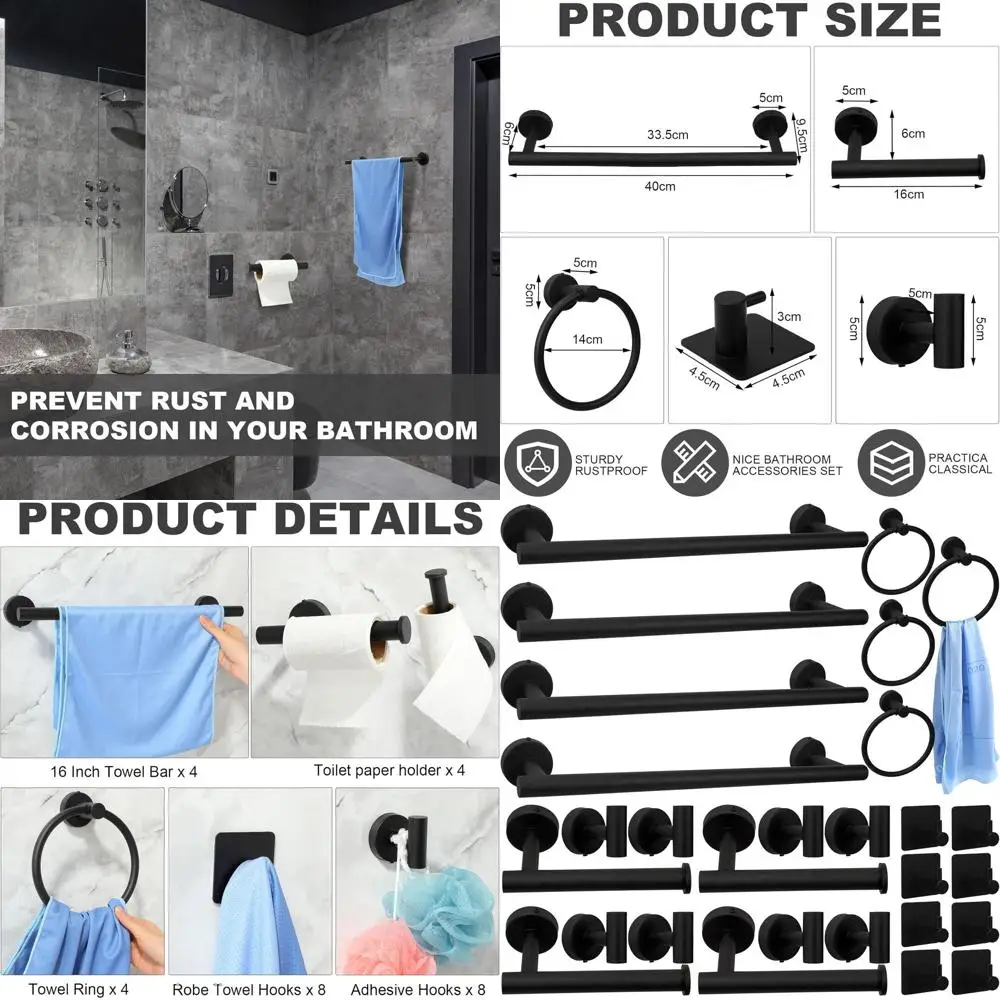 

Матовый черный набор аксессуаров для ванной из нержавеющей стали, 28 предметов: 16 держателей для полотенец, кольца, крючки и держатель для туалетной бумаги