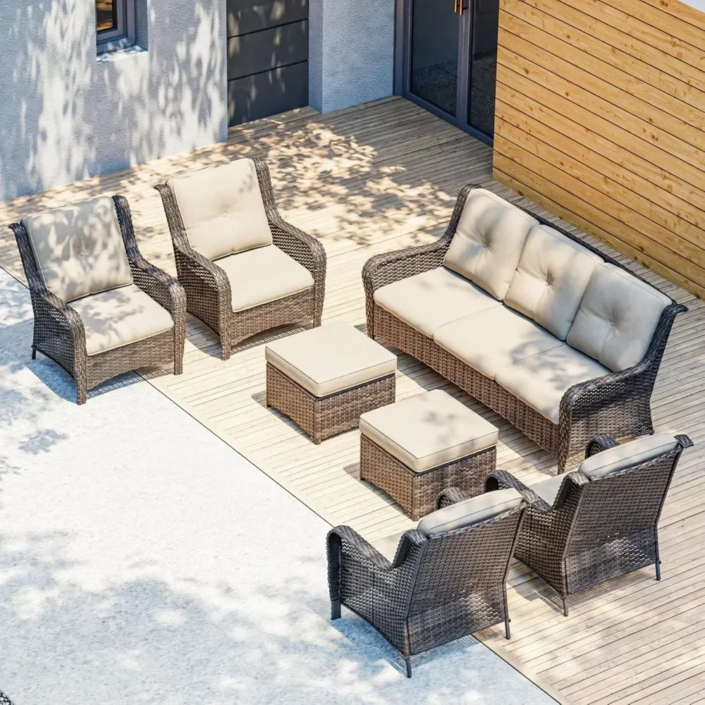 7-piece Courtyard Furniture Set, Including 3 Sofas, 4 Armchairs, 2 Ottoman Style, Willow Outdoor Furniture Segmented Set