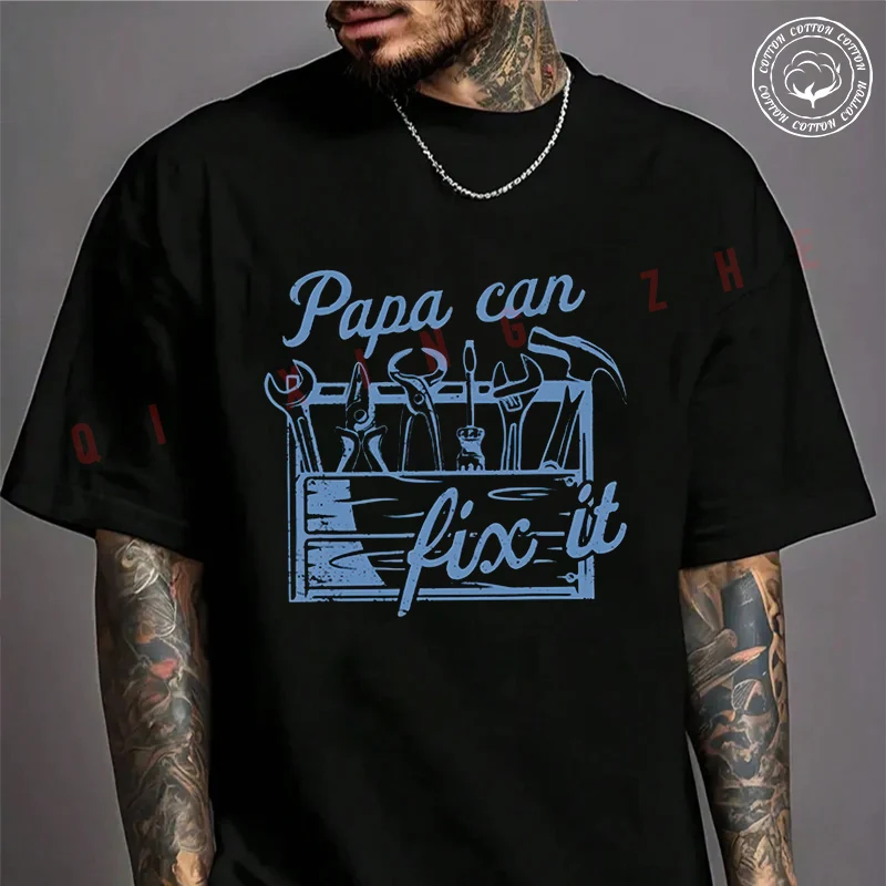 

Men's Fashionable Printed T-Shirt Motorcycle Papa Can Fix It Cotton Short Sleeve Exquisite Design Essential T Shirt Tops Tee