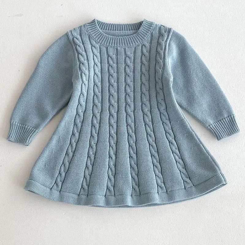The new Korean version of the girl long -sleeved knitted dress spring and autumn girl children's knitted hoods, old baby dress