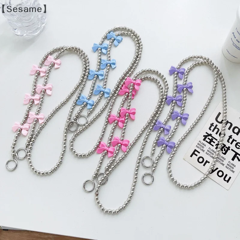 Universal Bownot Beaded Crossbody Phone Case Anti-lost Phone Long Chain Bag Hanging Rope Keychain