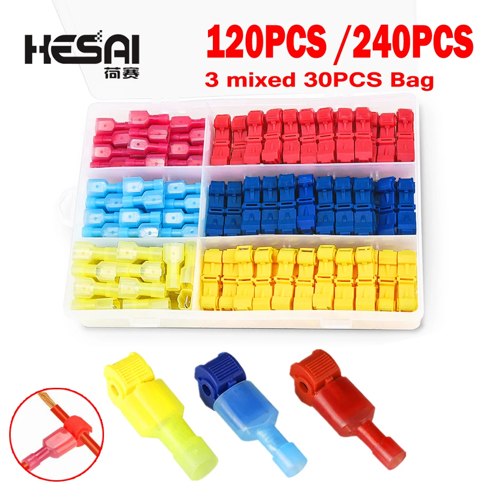 120/240 PCS Boxed T-Type Crimp Terminal Wire And Cable Connection Clip Plug-in Splicing Connector Quick Peel-Free Connector Plug