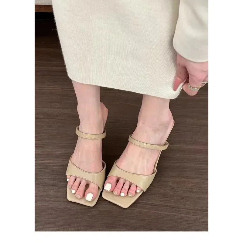 Summer high heel party mules 2024 new style women\'s high heel slippers fashion sandals women\'s simple PU shoes ladies slippers