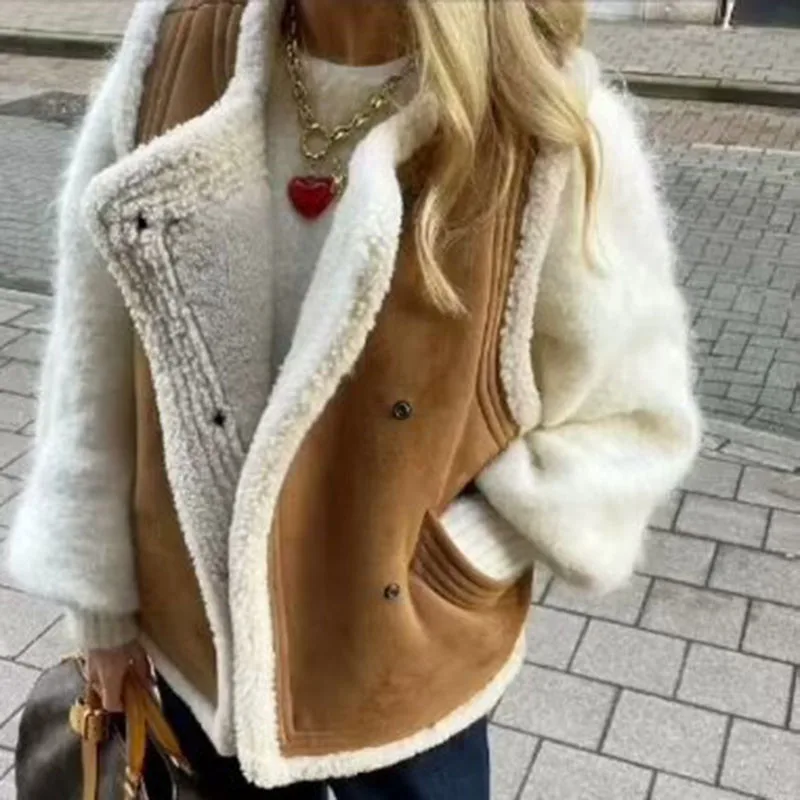 Chaleco de piel sintética AW para mujer, elegante, con cuello vuelto, sin mangas, cálido, informal, para invierno.