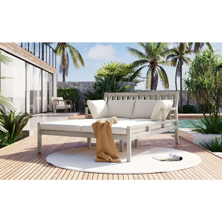 

TREXM Outdoor Daybed Patio Daybed with Four Pillows Wooden Outdoor Bed with Curved Armrests for Poolside Backyard Garden Gray+B