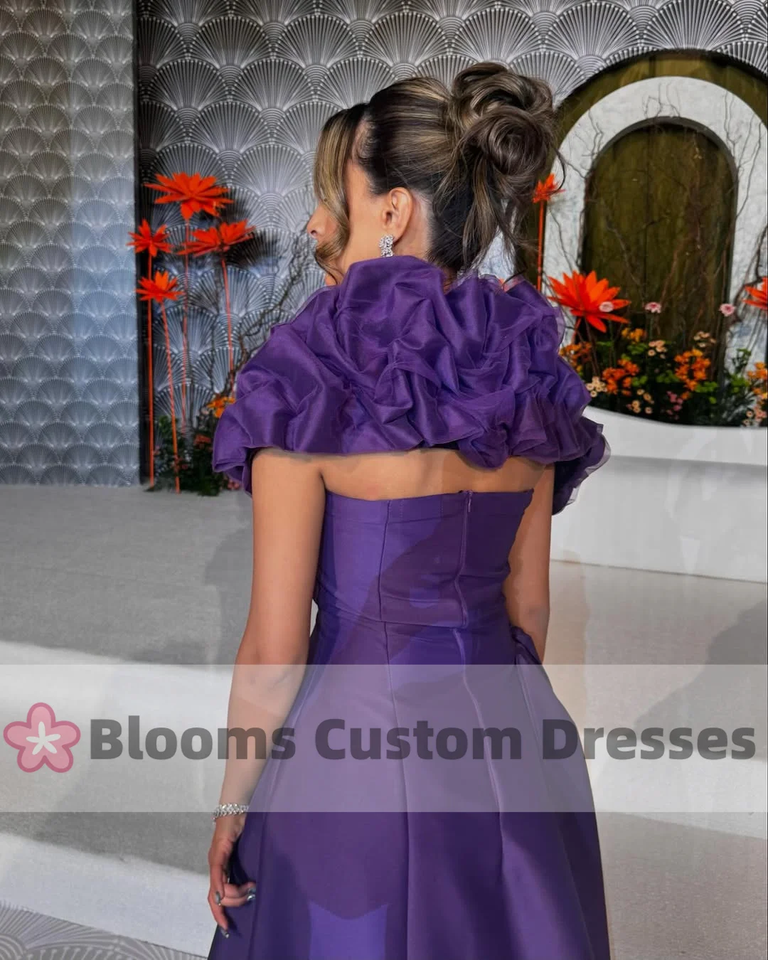 Blooms Customized Purple Charming Evening Dresses Floor-Length Side Slit Ruffles Shawl Saudi Arab Prom Formal Occasion Gown