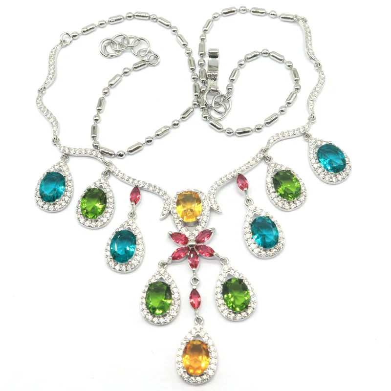 

75x54mm Multi Color 27g Big Size Citrine Peridot Aquamarine Green Amethyst Garnet Citrine CZ Silver Necklace 17.0-18.0inch