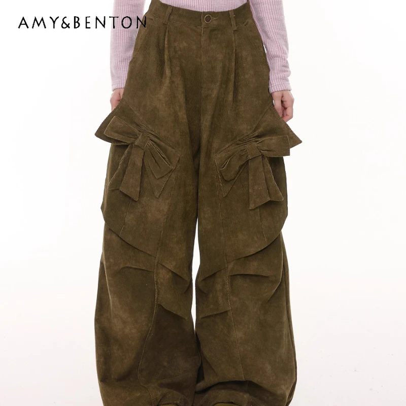 

2025 Autumn Winter New Women's Trousers American Retro Design Cute Bow High Waist Slimming Brown Loose Casual Long Pants Ladies