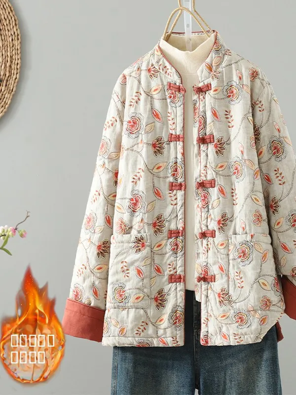 

Новая китайская женская вышитая куртка с цветочным принтом, контрастными пуговицами, хлопковое пальто с 3D-декором, свободный крой
