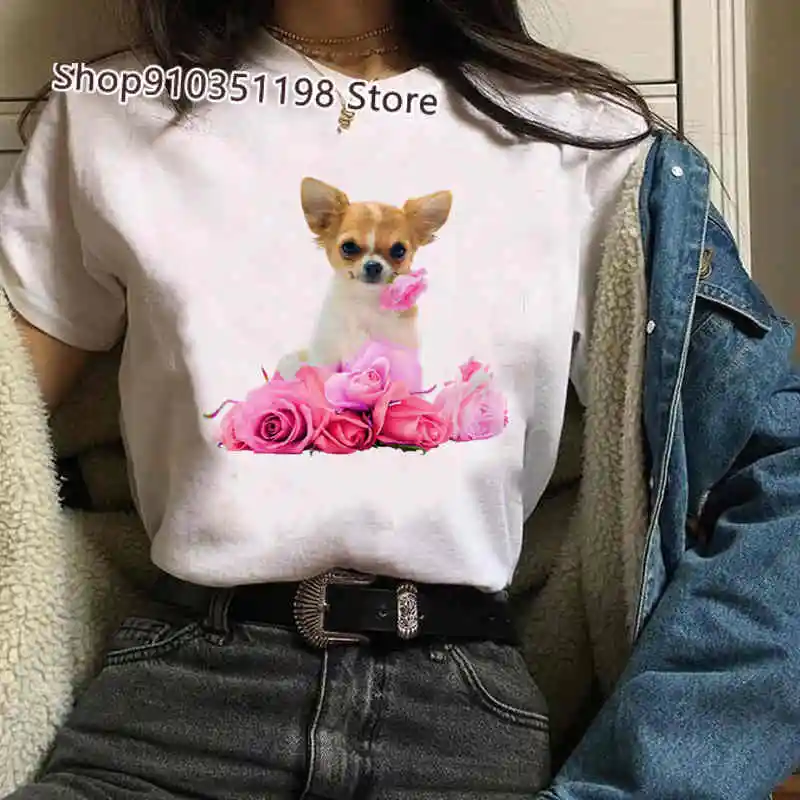 

90s Top Chihuahua T Shirt Women Kawaii Dog Print Ladies Tee Fashion Animal Tshirt Aesthetic Short Sleeve Harajuku Female T-shirt