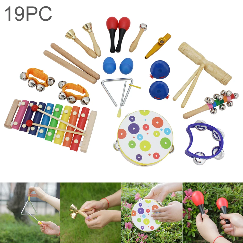 19pcs Orff Percussion Musical Instruments Set Hand Drum Knock Piano Xylophone Maracas Wrist Bells Mixed Kit for Early Education