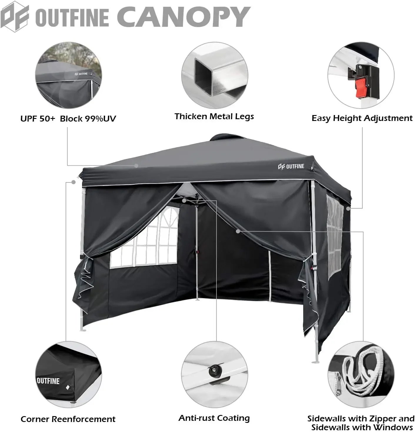 OUTFINE Canopy 10'x10' Pop Up Commercial Instant Gazebo Tent, Fully Waterproof, Outdoor Party Canopies with 4 Removable Sidewall