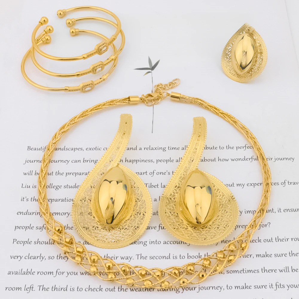 2025 New Style Gold Color Elegant Shining Special Design Jewelry Set For Women Necklace Bracelet Ring Earrings 4Pcs Set