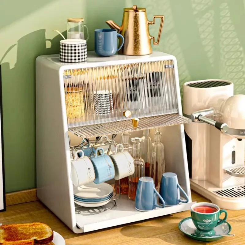 Desktop Cup Storage Cabinet Dustproof Drawer Base Metal Durable Light Up Office Tea Set Container Kitchen Utensil Organizer