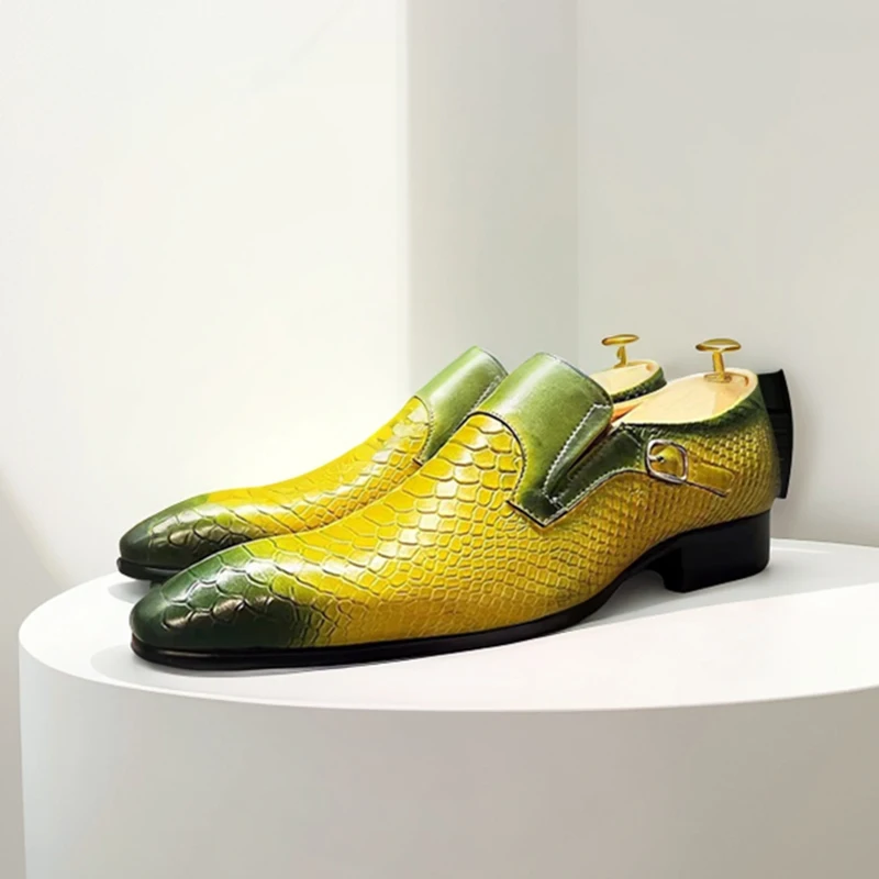 

Monk Dress Shoes Men Calfskin Leather Slip-Ons Snakeskin Pattern Pointed Toe Buckle Straps Men Business Wedding Shoes Handmade