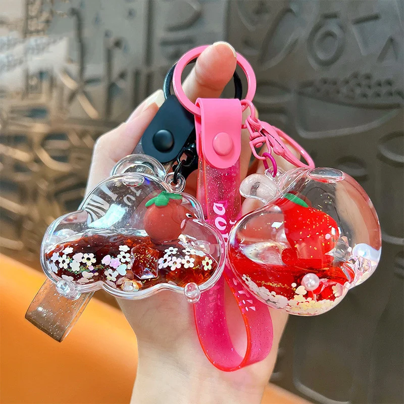 Cute Cartoon Oil Quicksand Fruit Keychain Pendant Floating Apple/Liquid Design Car Keyring for Children And Adults