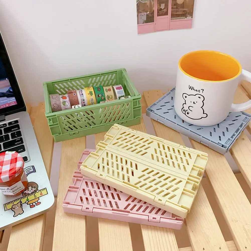 Mini Folding Plastic Storage Box Foldable Plastic Basket Student Desktop Organizer Stationery Skin Care Products Storage Box