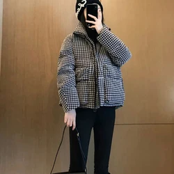 Fashion Houndstooth Puffer Jacket Women Korean Winter Thick Warm Loose Short Parkas Harajuku Streetwear All Match Down Coats New