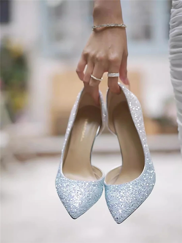 

Spring side air contrast sequin low-heeled widened wedding shoes thin high-heeled banquet large size small size women's shoes