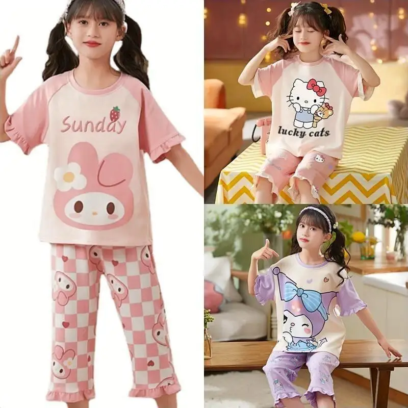 Sanrios Hellokittys Kuromi My Melody Children's Cotton Short-Sleeved Pajamas Set Girls Capri Pants Parent-Child Home Service