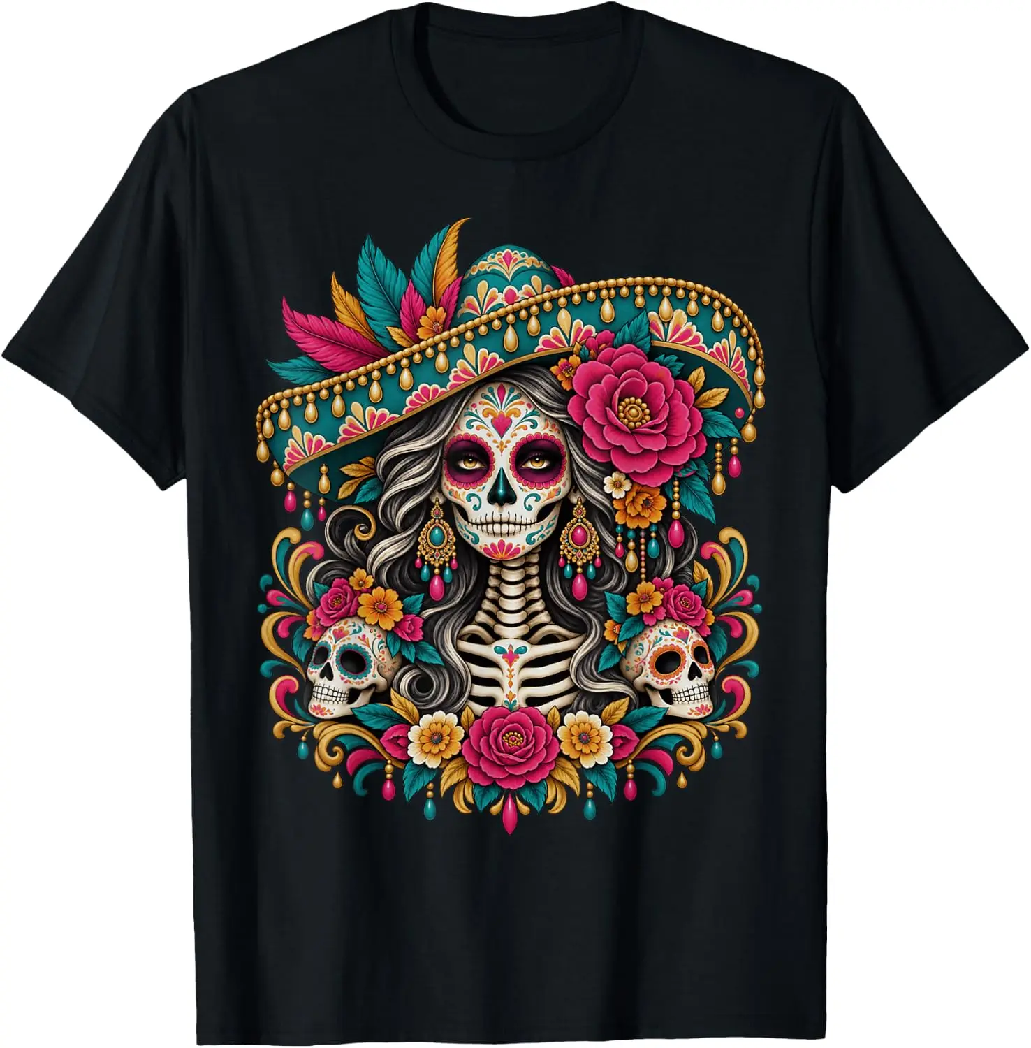 Dia De Los Muertos Sugar Skull Catrina Dead Day Women Girl T-Shirt Breathable, heavyweight pure cotton short-sleeve top—stylish, plus-size, and suitable for year-round wear with a sporty, casual vibe