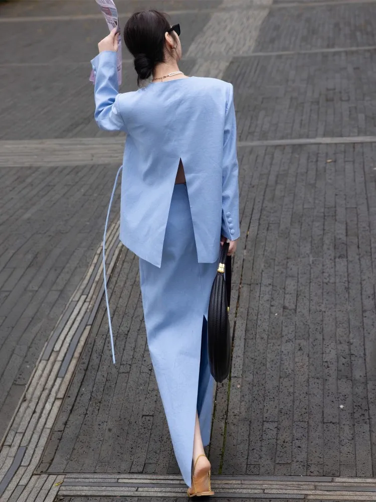 Fashion Linen Spring Summer Suits Sexy Deep V Neck Single Button Back Slit Suit Long Skirt Outfit Work Lady Casual Two Piece Set