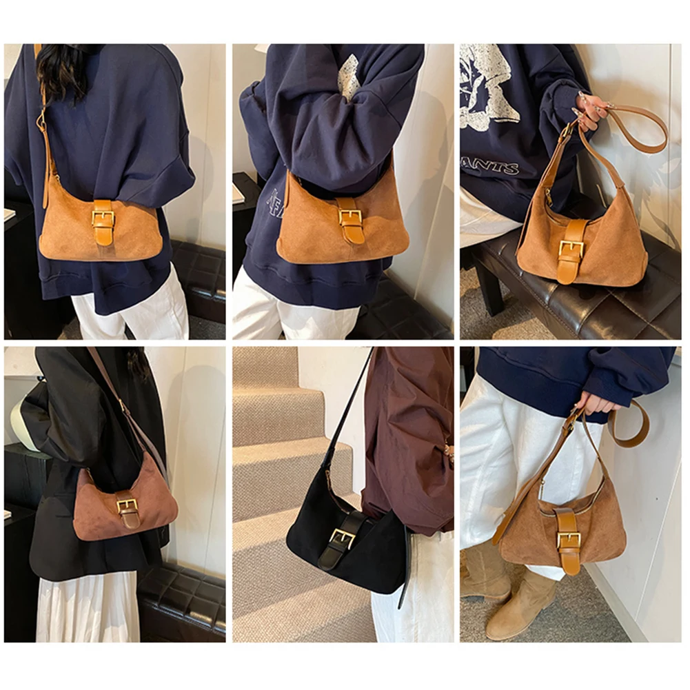 حقيبة كتف نسائية من جلد الغزال بحزام قابل للتعديل حقيبة كروس على شكل هلال حقيبة بمقبض علوي للسفر في العمل #3