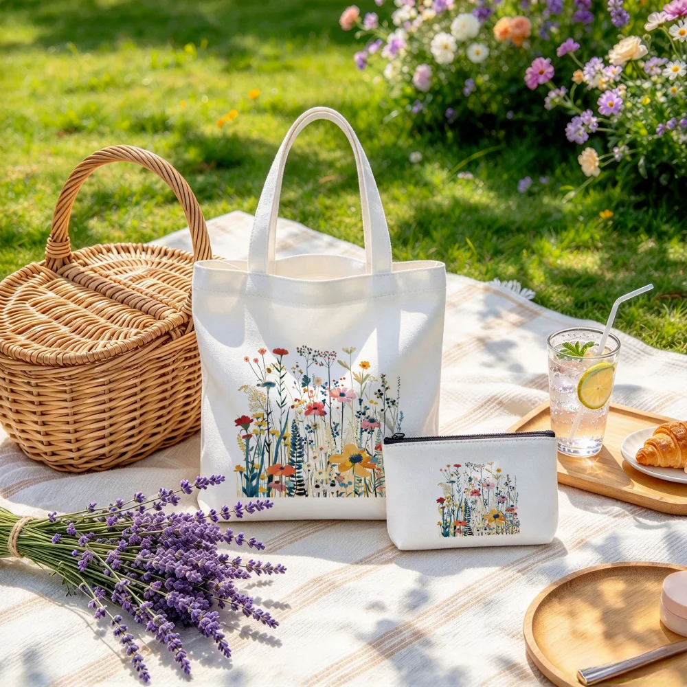 Fresh Wildflower Handbag Casual Women's Bag Weekend Park Picnic Lavender Eco Fabric Shoulder Bag Garden Canvas Bag
