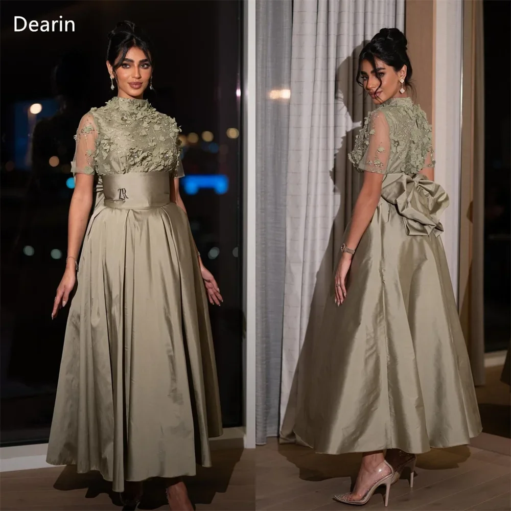 

Customized Prom Gown Women Formal Evening Dress Dearin High Collar A-line Floor Length Skirts Draped Applique Knot Bespoke Occas