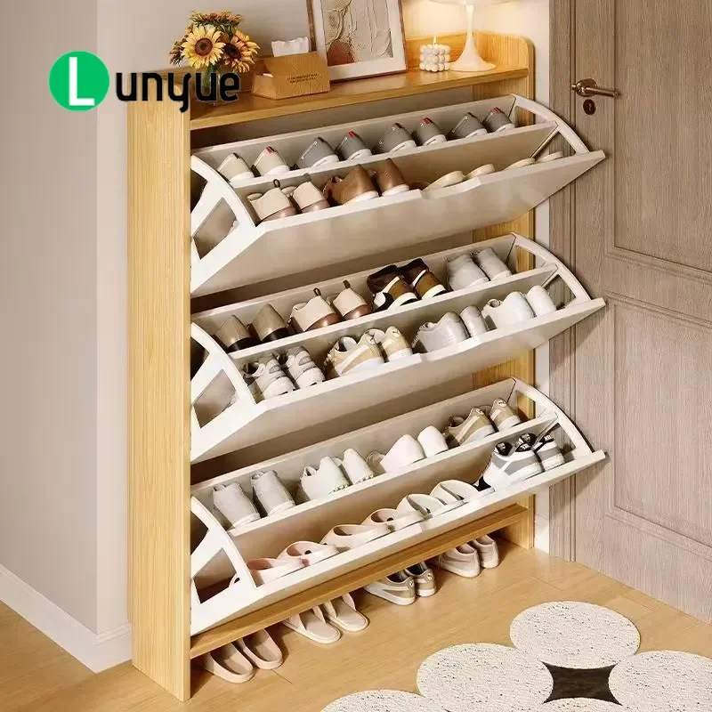 Modern Wooden Shoe Cabinet Large Capacity 4 Layer Storage Rack Wall Mounted Narrow Flip Shoe Rack for Porch Entryway Space