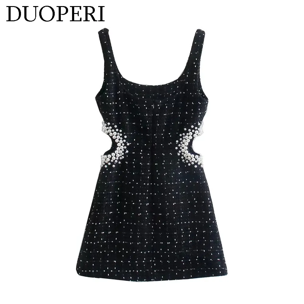 DUOPERI Women Fashion Textured Mini Camisole Dress Round Neck Sleeveless Faux Pearls Female Chic Lady Casual Short Dress